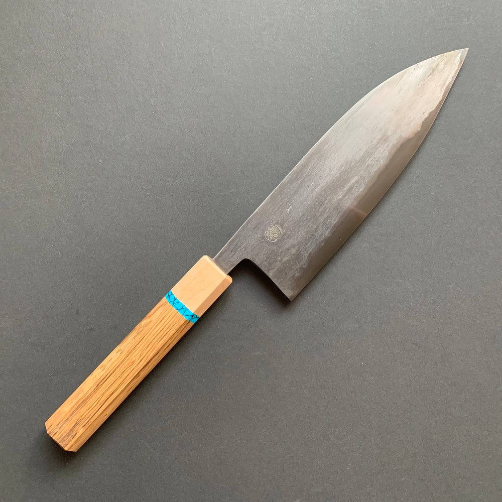 Santoku knife, Aogami 2 Carbon steel with Watetsu cladding, Kasumi finish, honwarikomi construction - Miyazaki