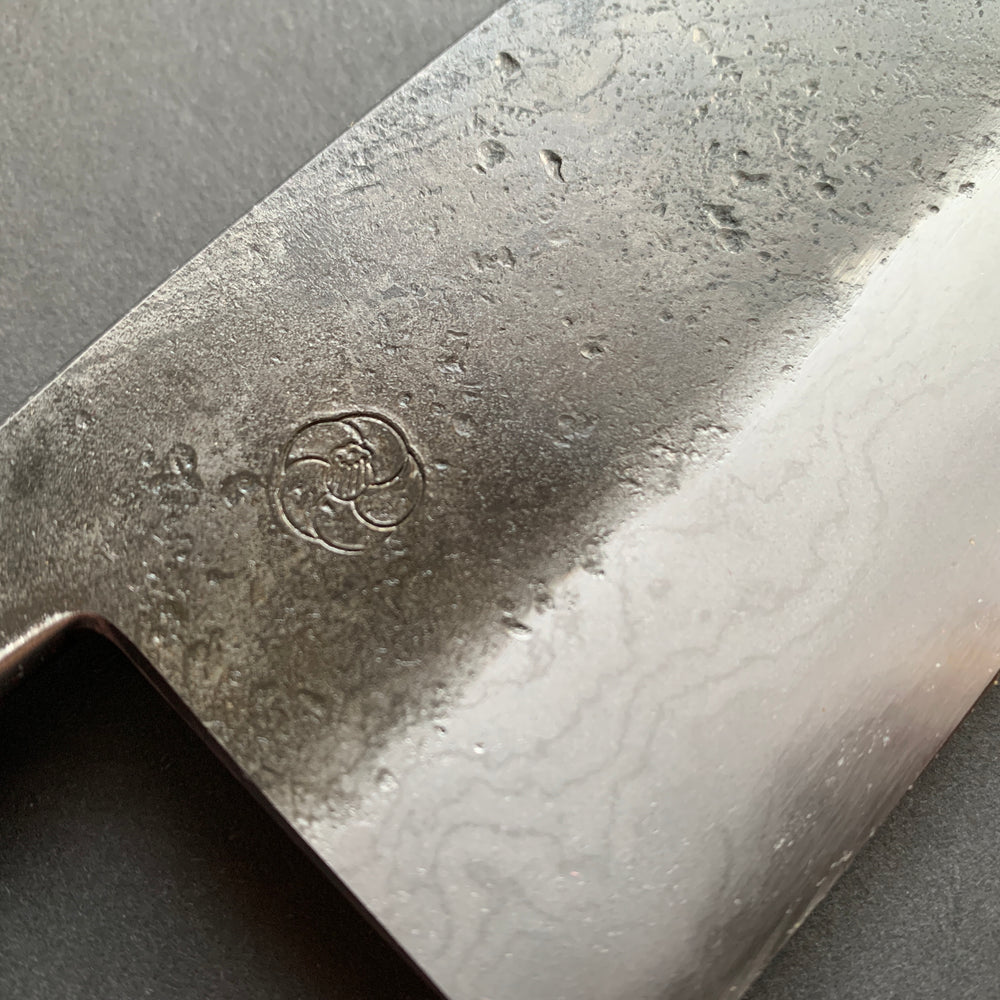 Gyuto knife, Aogami Super carbon steel with iron cladding, wave shaped Damascus and Kurouchi finish, honwarikomi construction - Miyazaki