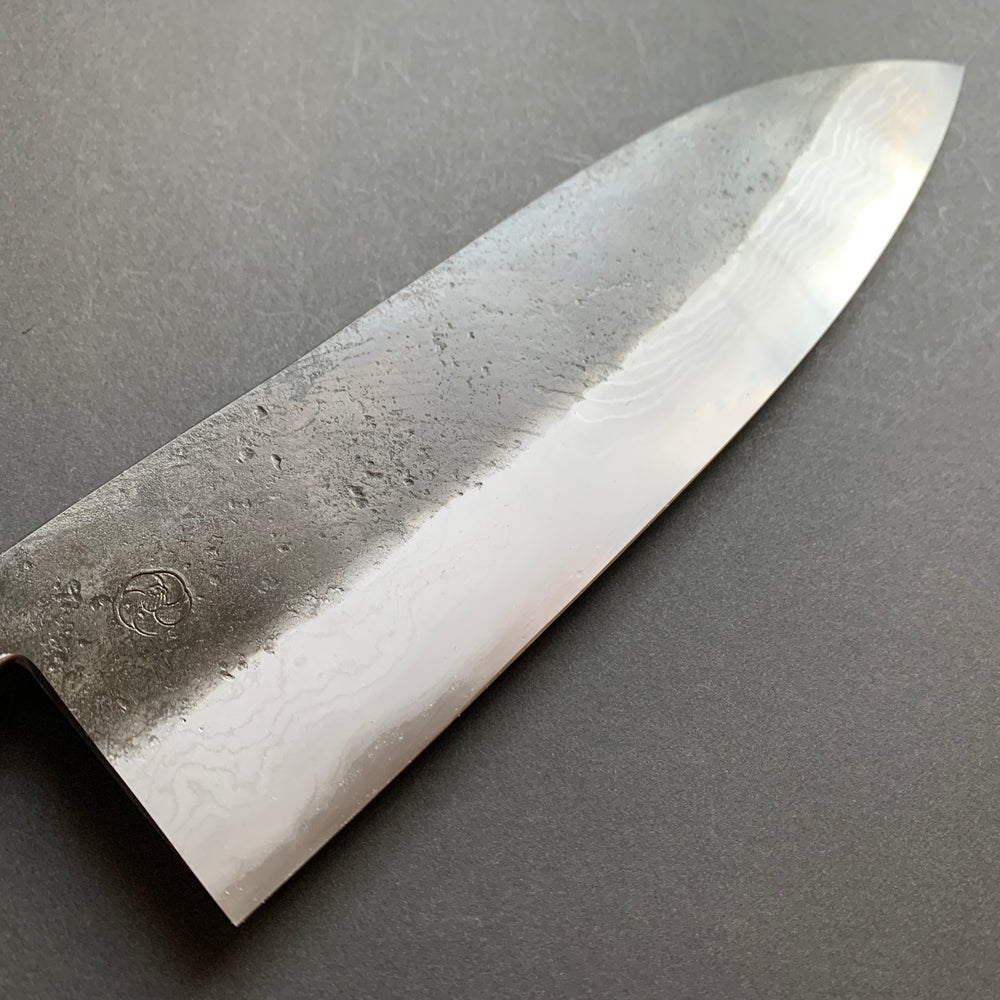 Gyuto knife, Aogami Super carbon steel with iron cladding, wave shaped Damascus and Kurouchi finish, honwarikomi construction - Miyazaki