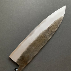 Gyuto knife, Aogami Super carbon steel with iron cladding, wave shaped Damascus and Kurouchi finish, honwarikomi construction - Miyazaki