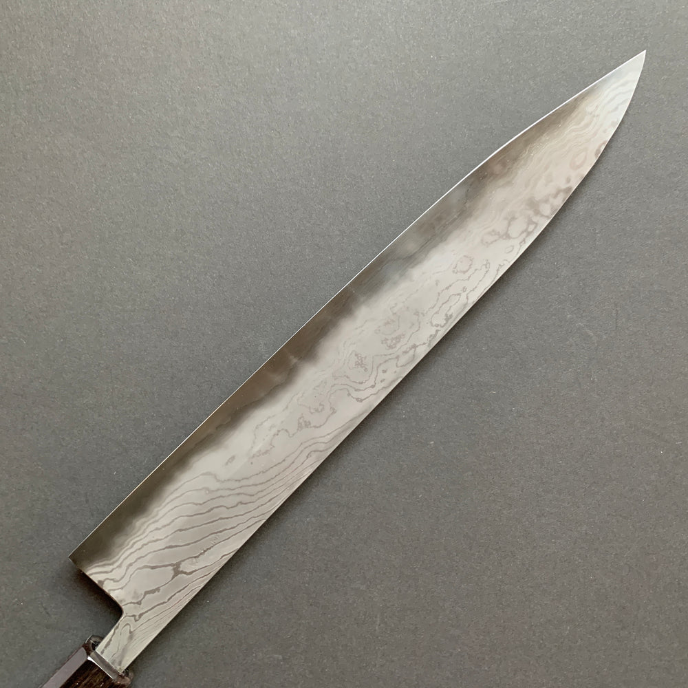 Sujihiki knife, Aogami Super carbon steel with iron cladding, wave shaped Damascus finish, honwarikomi construction - Miyazaki