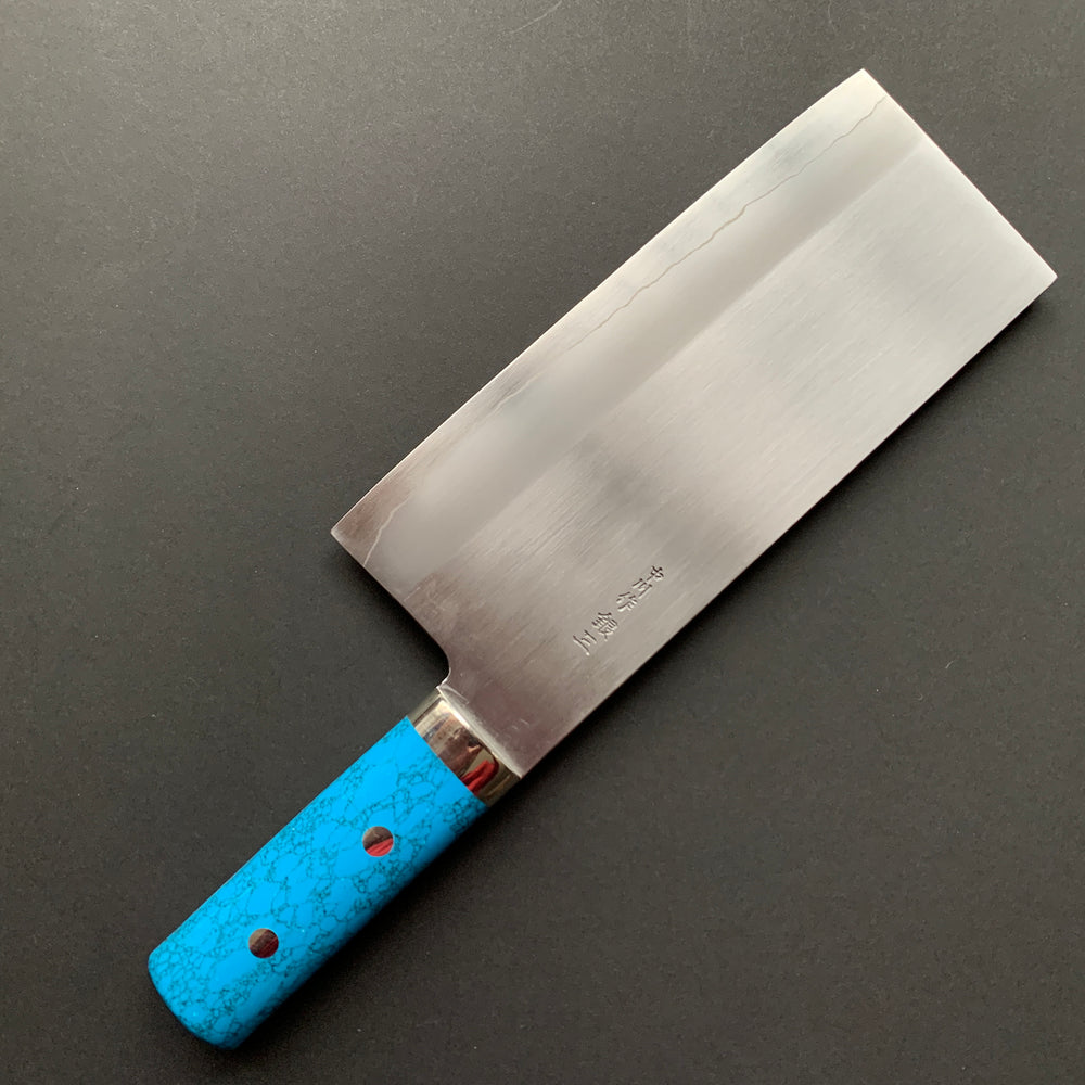 Chinese Cleaver, Ginsan stainless steel with stainless steel cladding, polished finish, Turquoise handle - Nakagawa Hamono