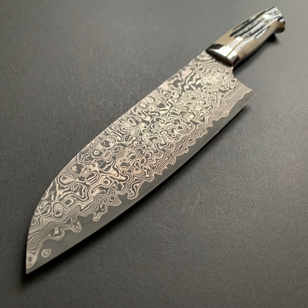 Santoku knife, SG2 stainless steel, etched Damascus finish, jigged bone handle - Saji