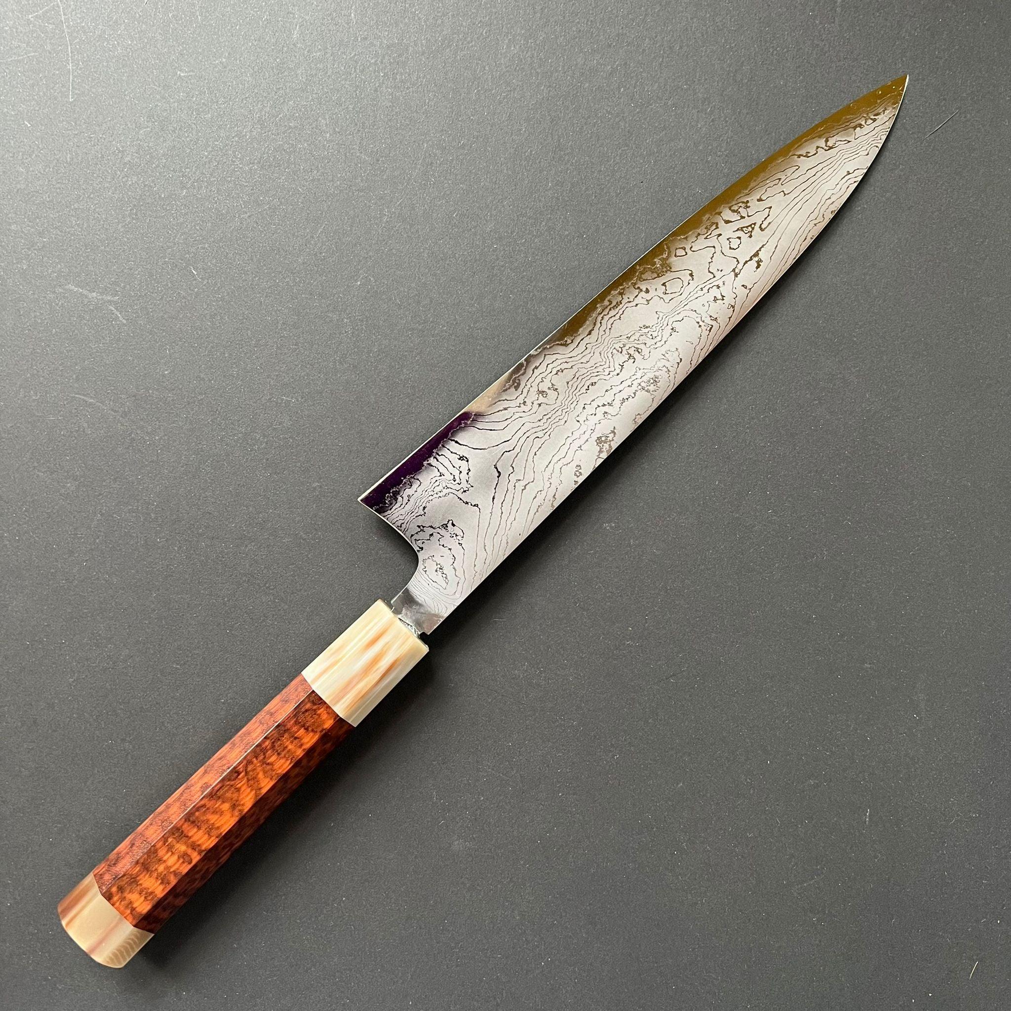 Gyuto knife, Shirogami 2 with iron cladding, Hand Laminated Damascus finish, Hyomon range - Hatsukokoro - Kitchen Provisions