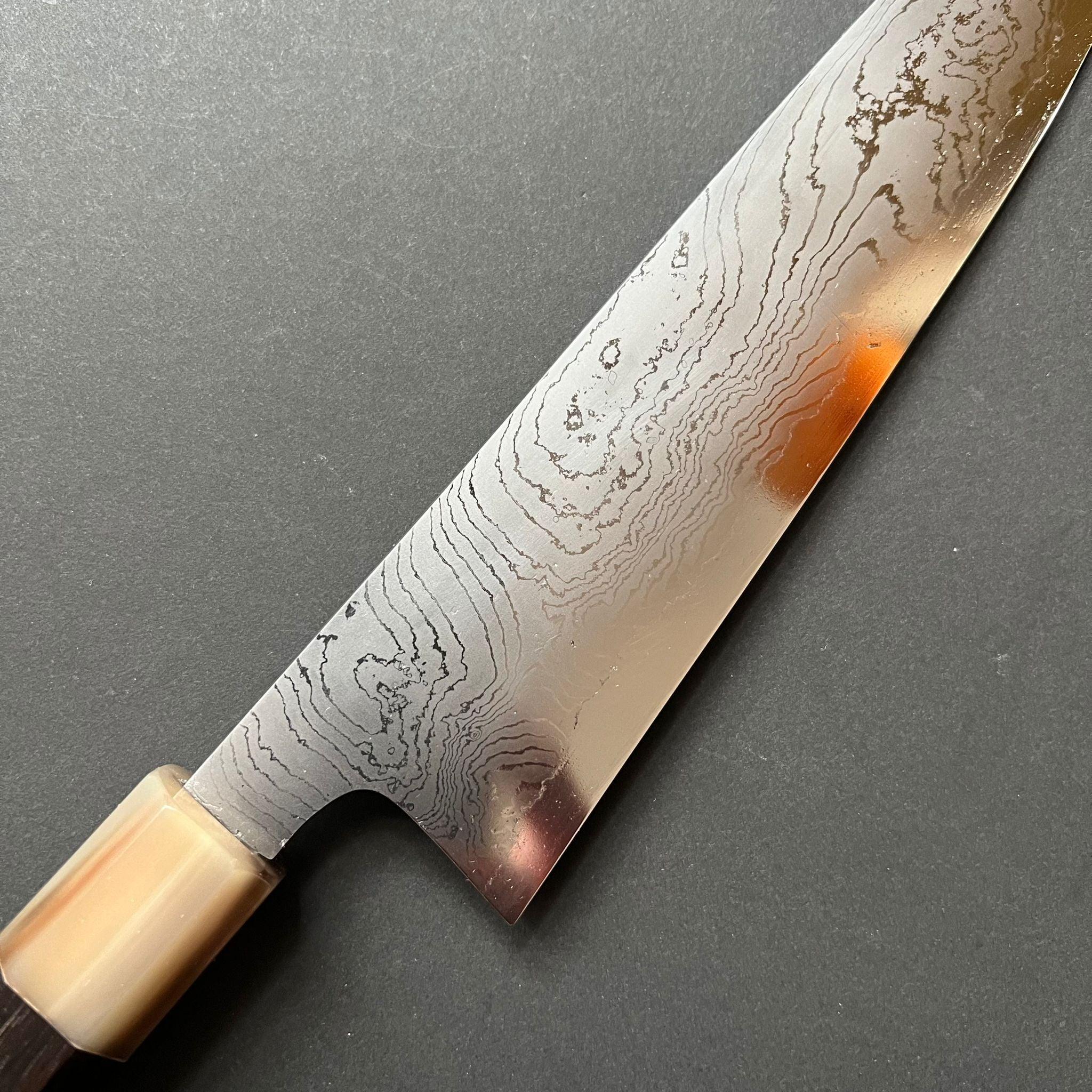 Gyuto knife, Shirogami 2 with iron cladding, Hand Laminated Damascus finish, Hyomon range - Hatsukokoro - Kitchen Provisions