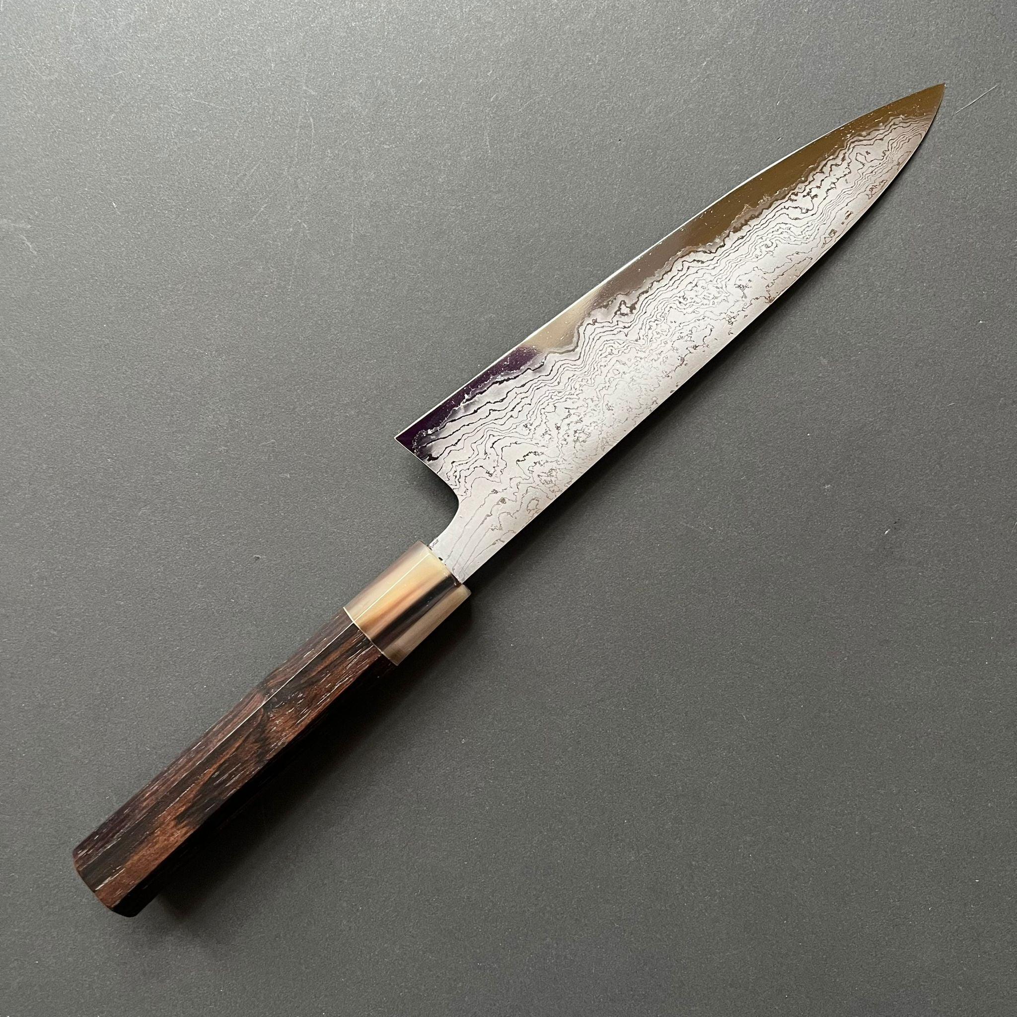 Gyuto knife, Shirogami 2 with iron cladding, Hand Laminated Damascus finish, Hyomon range - Hatsukokoro - Kitchen Provisions