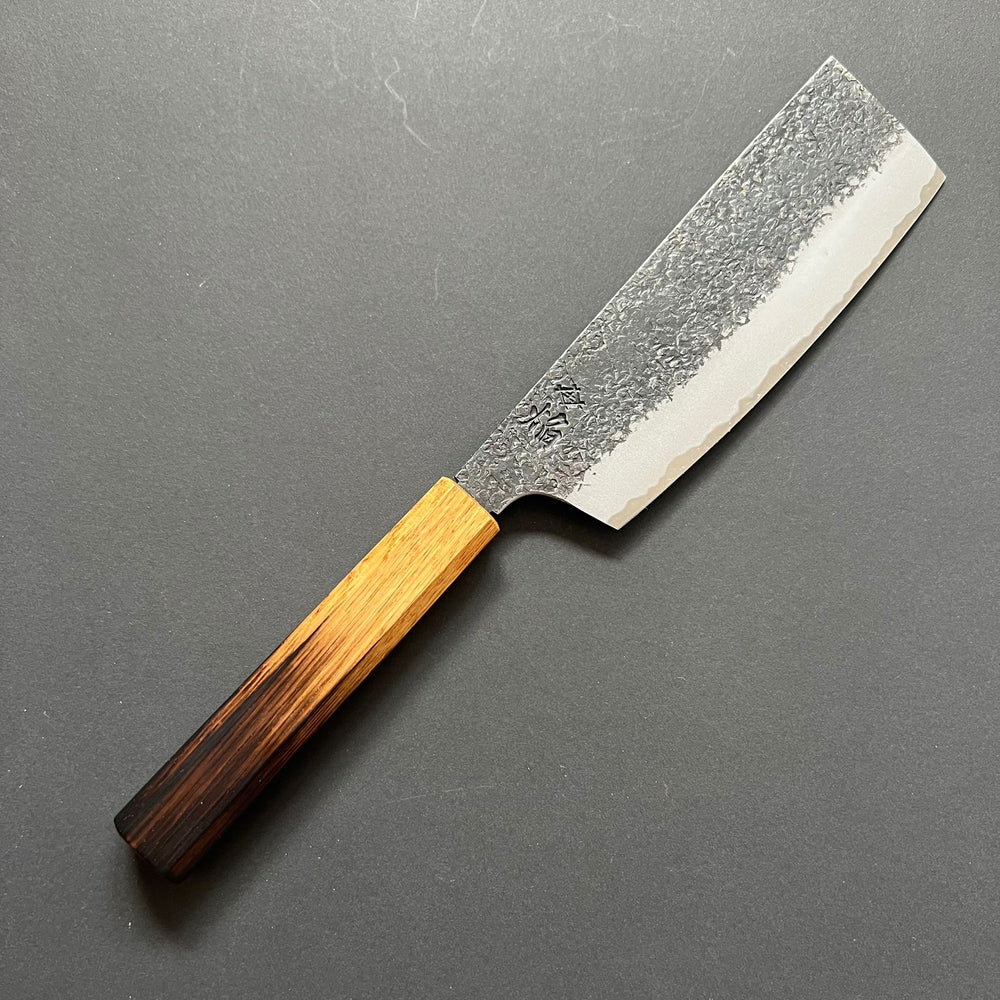 Nakiri knife, Aogami 2 carbon steel with iron cladding, Kurouchi and Tsuchime finish, Homura series - Sakai Takayuki