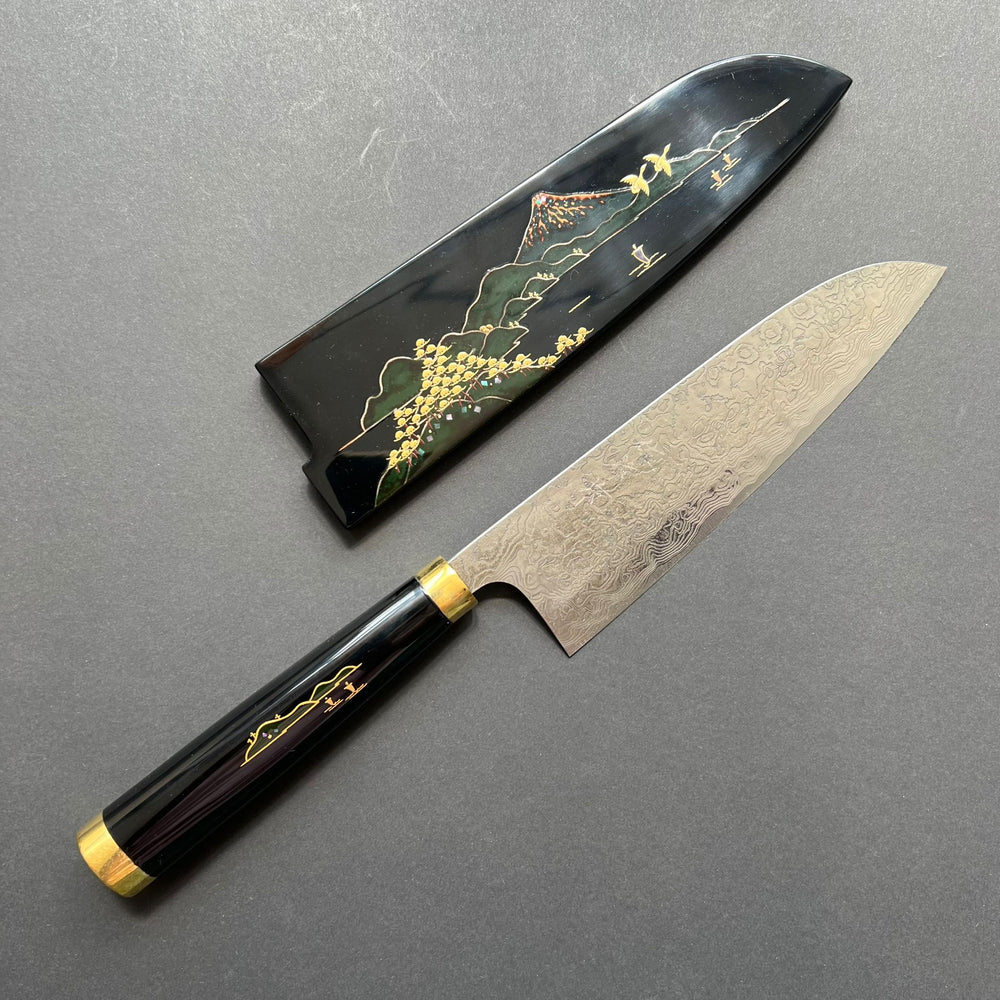 Santoku knife, SG2 stainless steel, Diamond Damascus finish, Maki-e Urushi Lacquered Handle and Saya - Saji