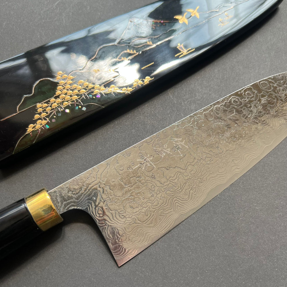 Santoku knife, SG2 stainless steel, Diamond Damascus finish, Maki-e Urushi Lacquered Handle and Saya - Saji