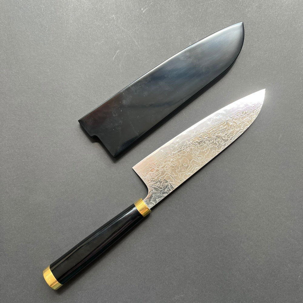 Santoku knife, SG2 stainless steel, Diamond Damascus finish, Maki-e Urushi Lacquered Handle and Saya - Saji