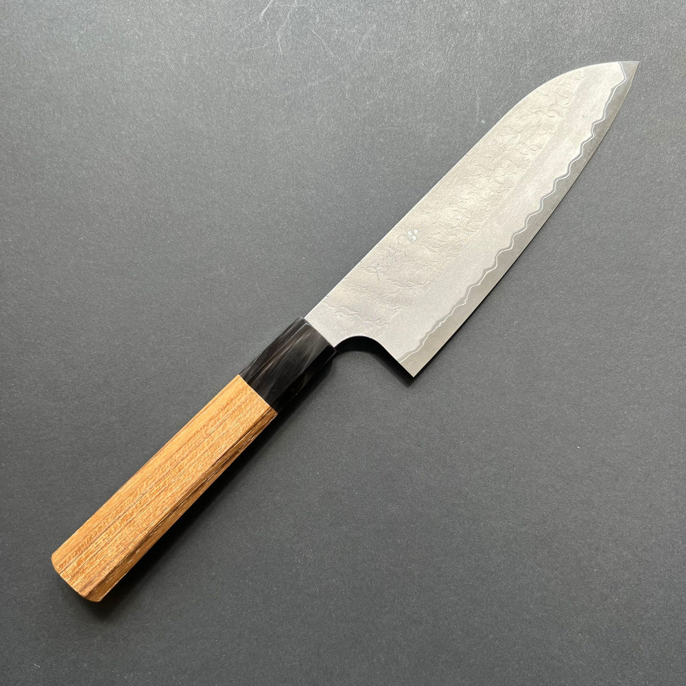Santoku knife, Aogami Super with stainless steel cladding, migaki tsuchime finish - Nigara