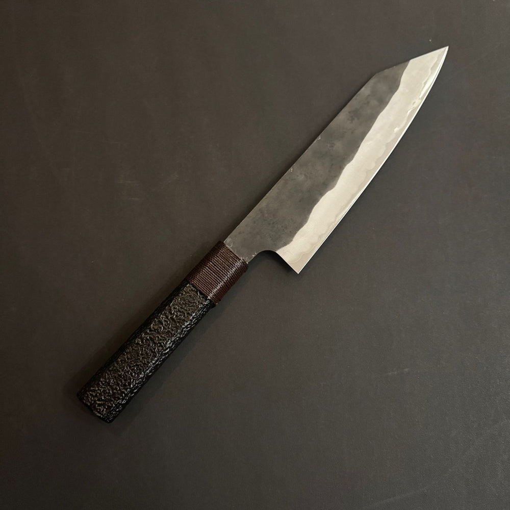 Kiritsuke Gyuto knife, Aogami Super carbon steel with Stainless Steel cladding, Kurouchi finish, black Urushi handle - Kenshiro Hatono