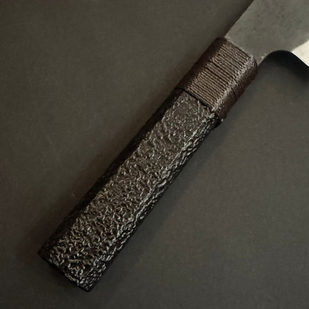 Kiritsuke Gyuto knife, Aogami Super carbon steel with Stainless Steel cladding, Kurouchi finish, black Urushi handle - Kenshiro Hatono