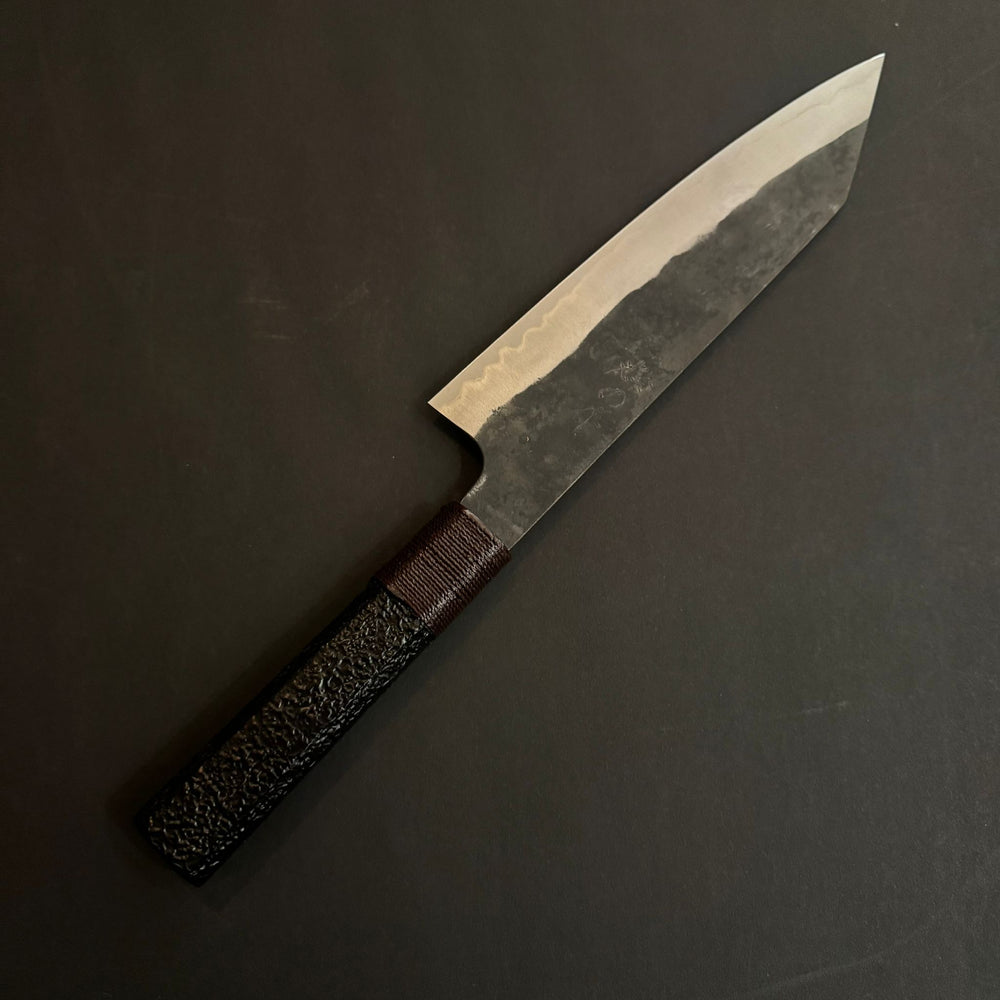 Kiritsuke Gyuto knife, Aogami Super carbon steel with Stainless Steel cladding, Kurouchi finish, black Urushi handle - Kenshiro Hatono