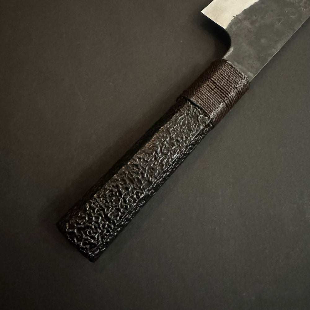 Kiritsuke Gyuto knife, Aogami Super carbon steel with Stainless Steel cladding, Kurouchi finish, black Urushi handle - Kenshiro Hatono