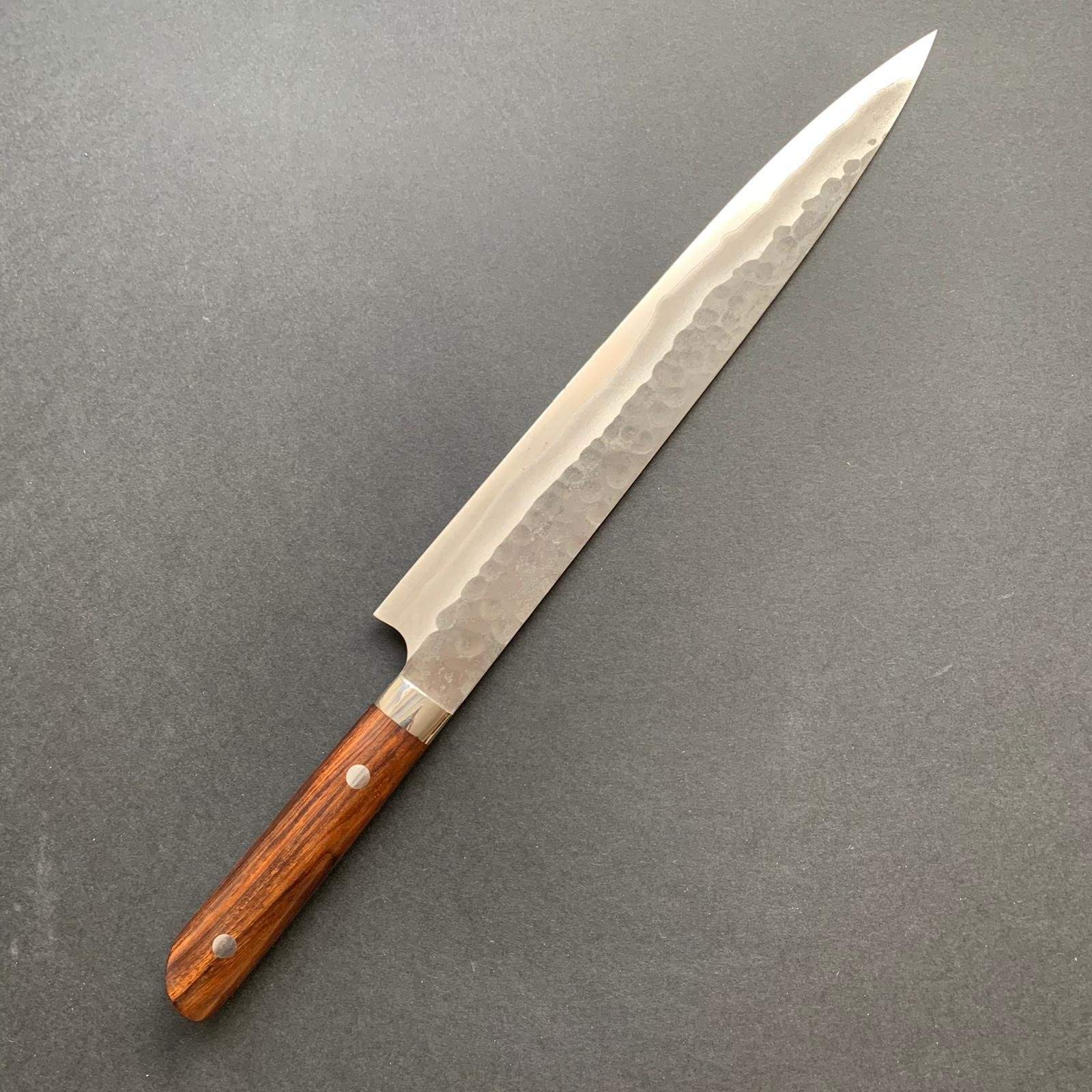 Sujihiki knife, Aogami Super carbon steel, Kurouchi and Tsuchime finish - Saji - Kitchen Provisions