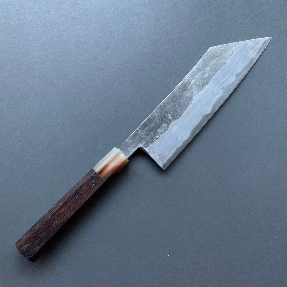 Tsubaki Kiritsuke knife, Aogami 2 carbon steel with wrought iron cladding, Kurouchi Damascus finish, honwarikomi construction - Miyazaki