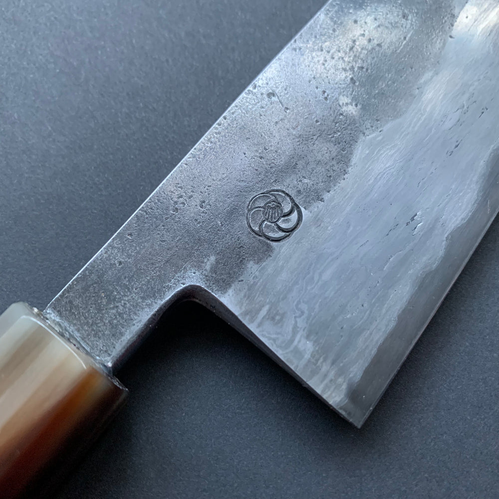 Tsubaki Kiritsuke knife, Aogami 2 carbon steel with wrought iron cladding, Kurouchi Damascus finish, honwarikomi construction - Miyazaki