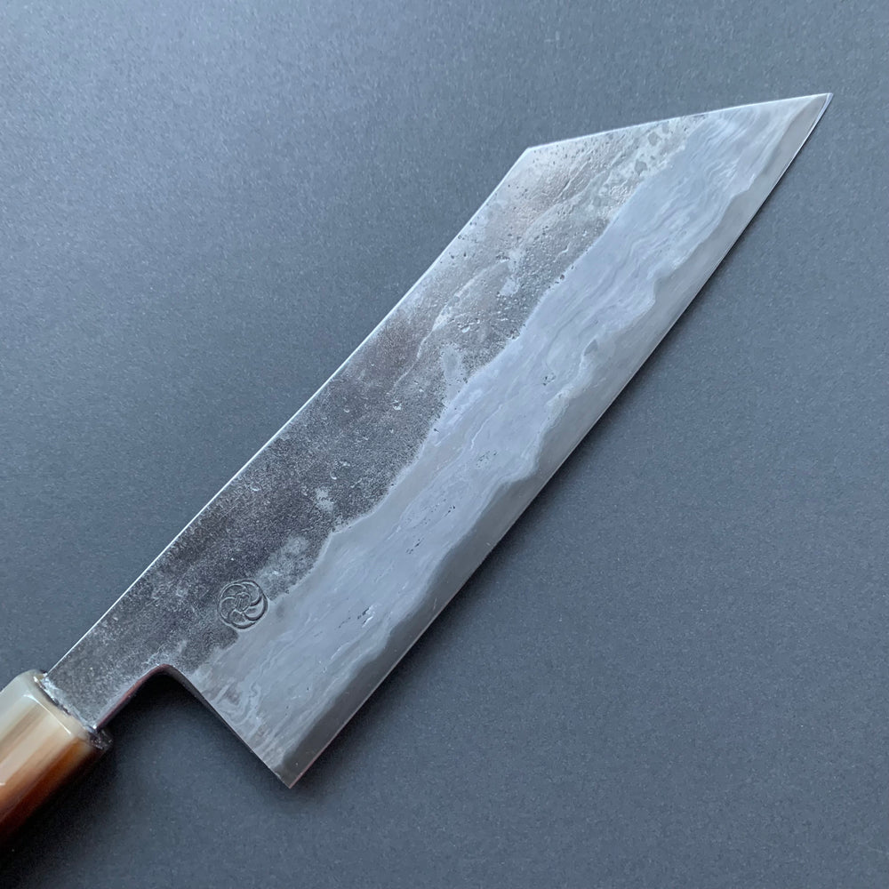 Tsubaki Kiritsuke knife, Aogami 2 carbon steel with wrought iron cladding, Kurouchi Damascus finish, honwarikomi construction - Miyazaki