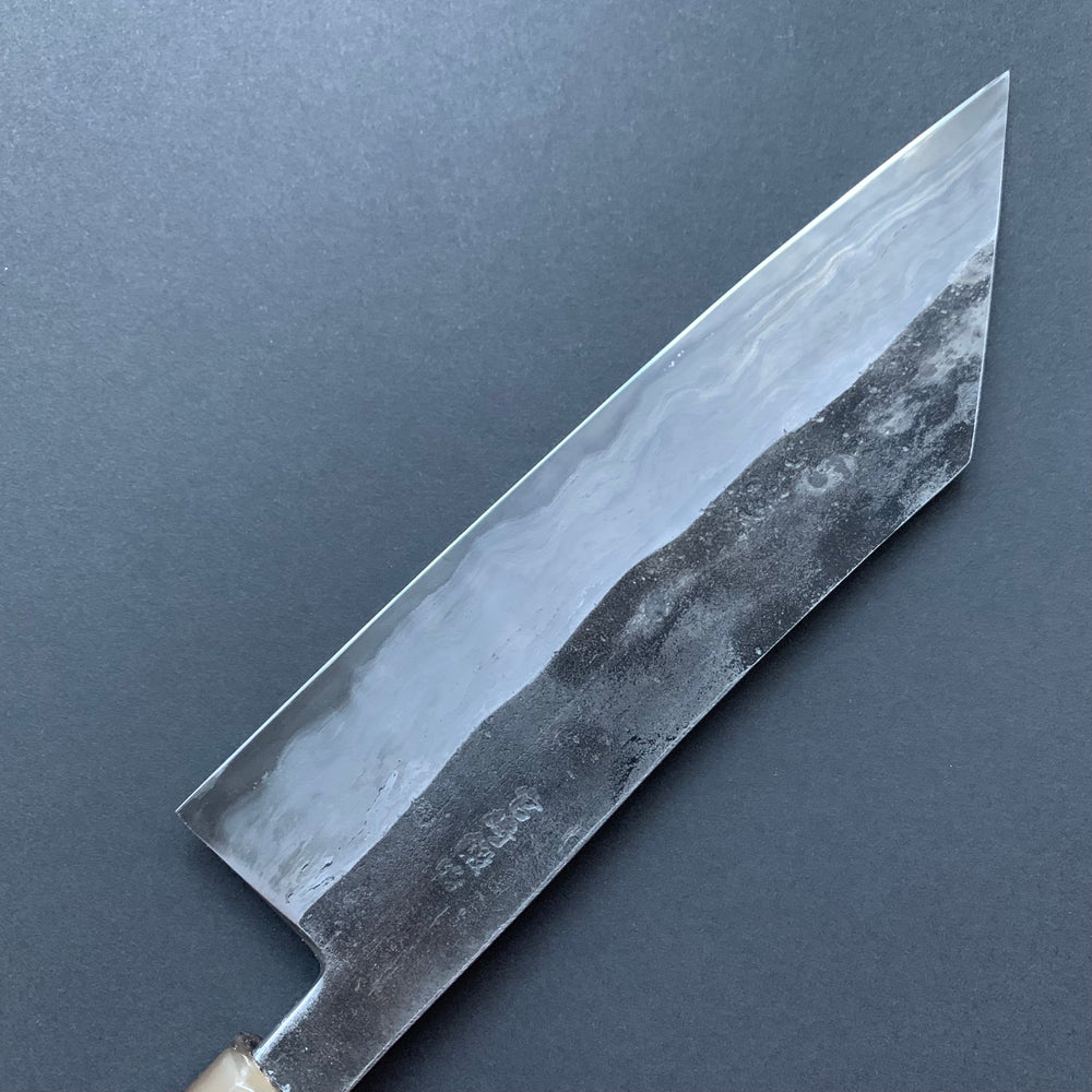 Tsubaki Kiritsuke knife, Aogami 2 carbon steel with wrought iron cladding, Kurouchi Damascus finish, honwarikomi construction - Miyazaki