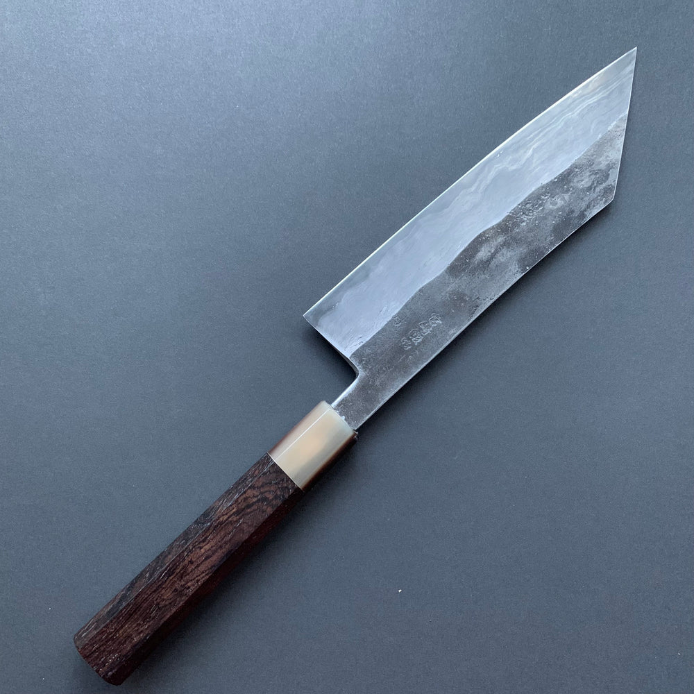 Tsubaki Kiritsuke knife, Aogami 2 carbon steel with wrought iron cladding, Kurouchi Damascus finish, honwarikomi construction - Miyazaki