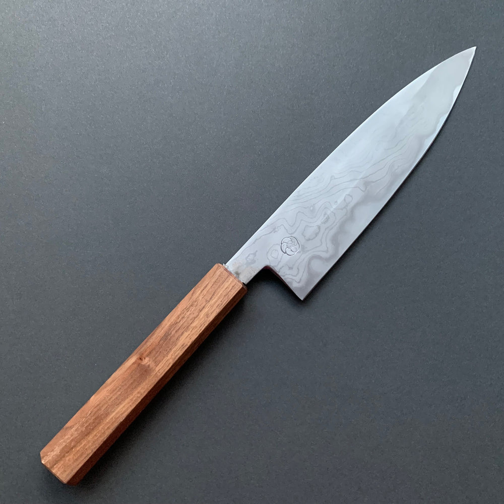 Petty knife, Aogami 2 carbon steel with iron cladding, wave shaped Damascus finish, honwarikomi construction - Miyazaki