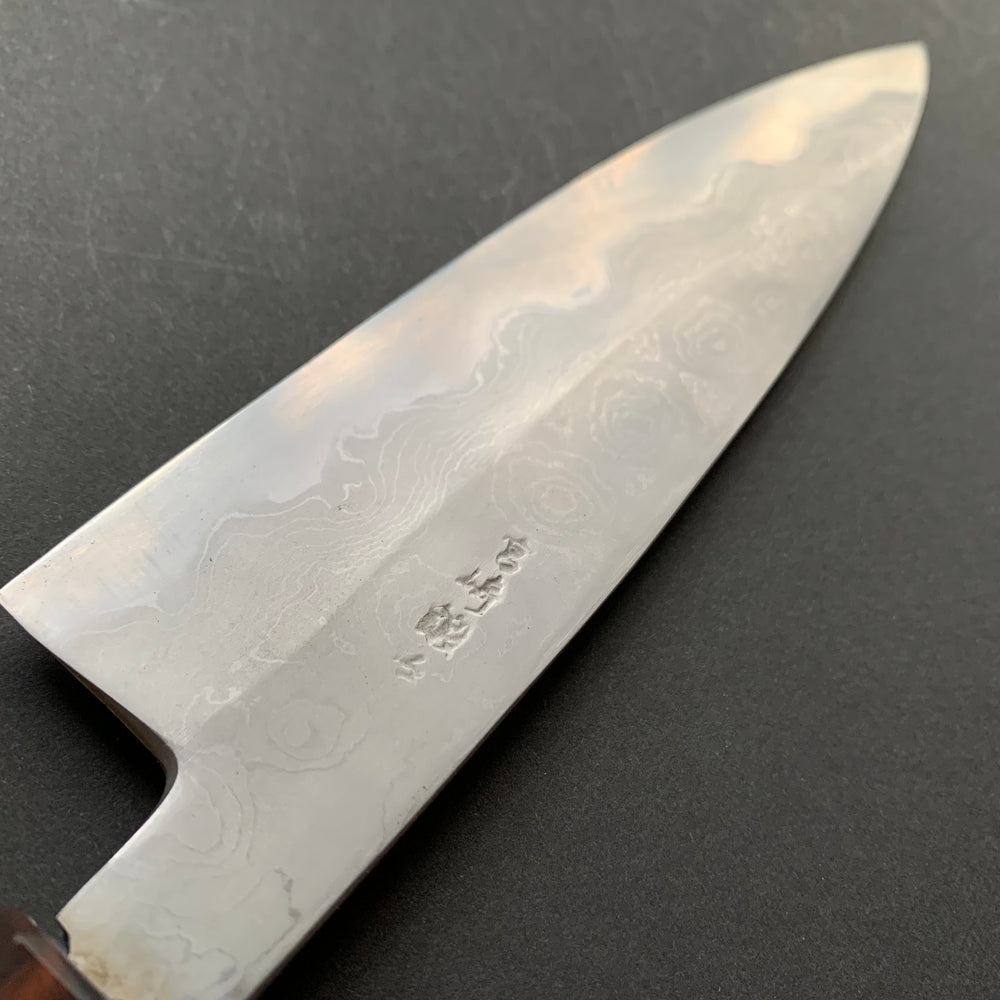 Petty knife, Aogami 2 carbon steel with iron cladding, wave shaped Damascus finish, honwarikomi construction - Miyazaki
