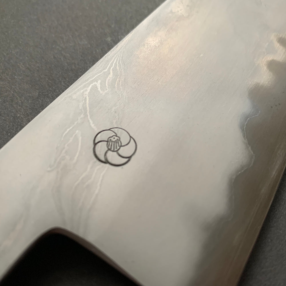 Santoku knife, Aogami 2 carbon steel with super soft iron cladding, Damascus finish, honwarikomi construction - Miyazaki