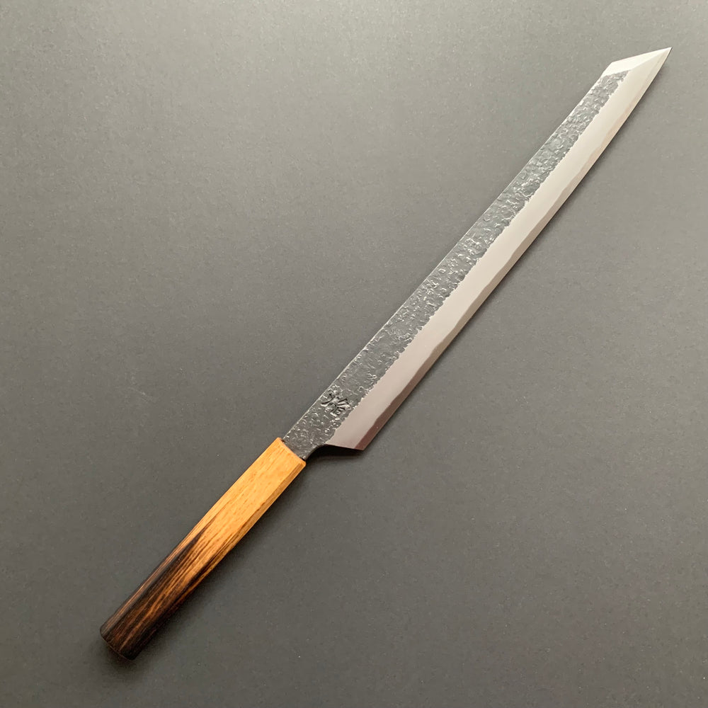 Kengata Yanagiba knife, Aogami 2 carbon steel with iron cladding, Kurouchi and Tsuchime finish, Homura series - Sakai Takayuki