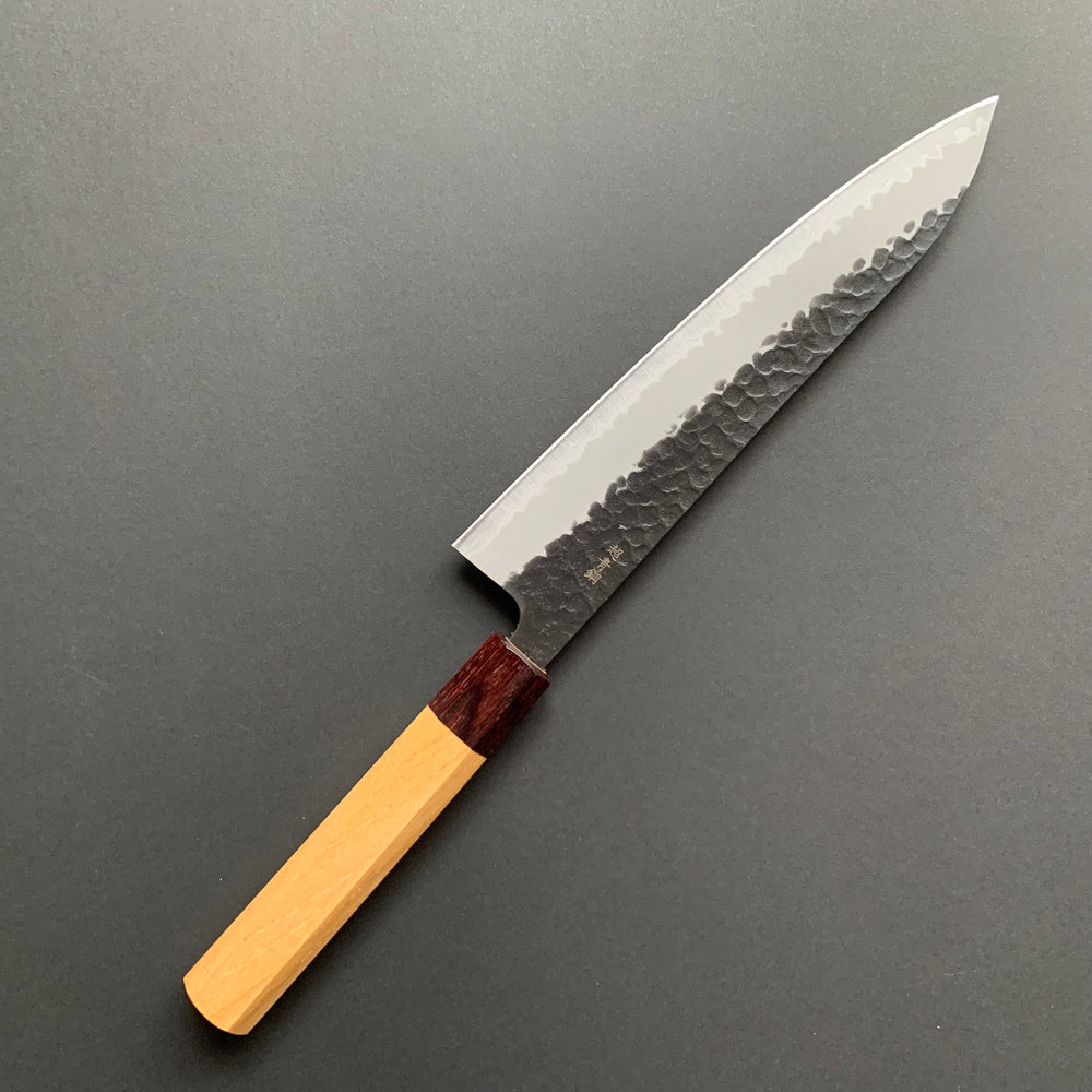 Gyuto knife, Aogami Super carbon steel with stainless steel cladding, Kurouchi Tsuchime finish, Wa handle - Sakai Takayuki