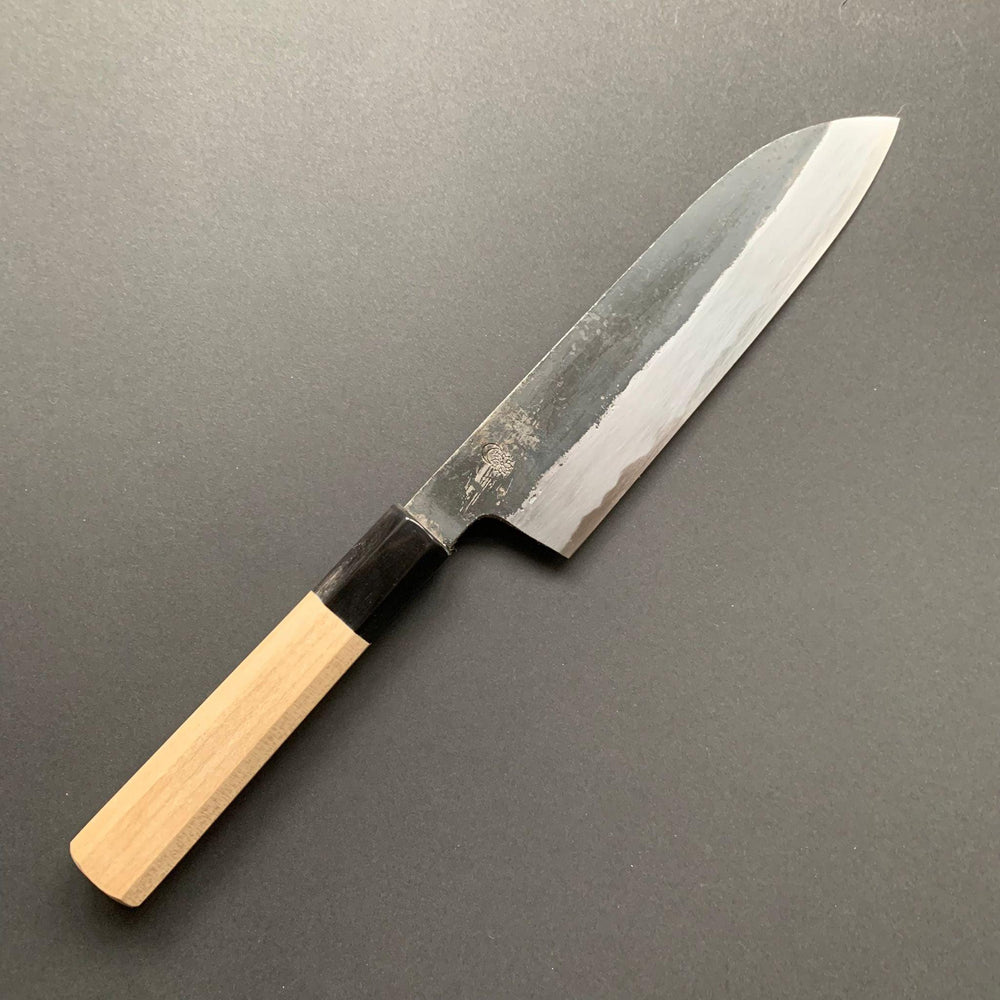 Santoku Knife, Shirogami 2 with iron cladding, Kurouchi finish, Kikuzuki Kuro range - Sakai Kikumori - Kitchen Provisions