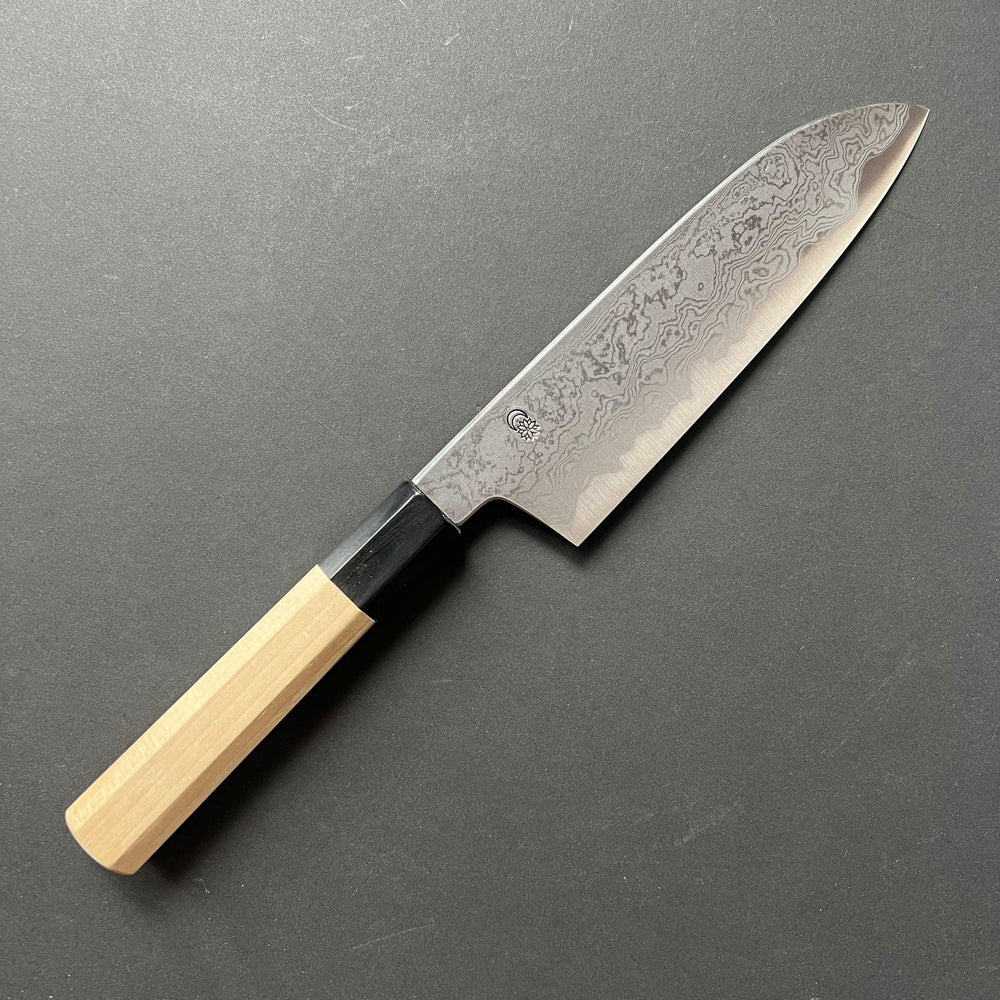 Santoku Knife, Aogami 1 with iron cladding, Damascus finish, Kikuzuki Uzu range - Sakai Kikumori - Kitchen Provisions