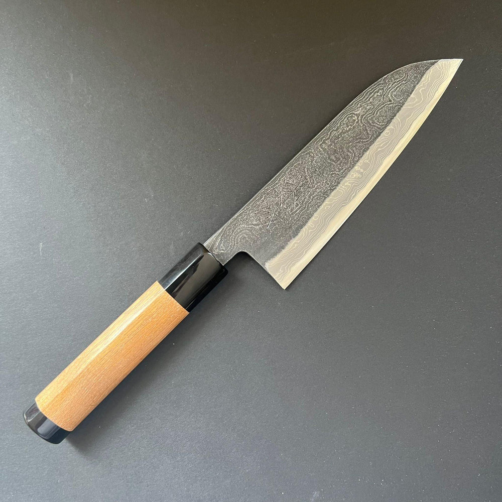 Santoku knife, Shirogami 2 with Warikomi constructed iron cladding, Kitaeji series, handmade Damascus finish - Tsukasa Hinoura - Kitchen Provisions