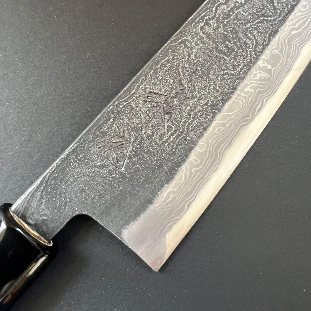 Santoku knife, Shirogami 2 with Warikomi constructed iron cladding, Kitaeji series, handmade Damascus finish - Tsukasa Hinoura - Kitchen Provisions