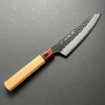 Kengata Santoku knife, Aogami Super carbon steel with stainless steel cladding, Kurouchi Tsuchime finish, Wa handle - Sakai Takayuki