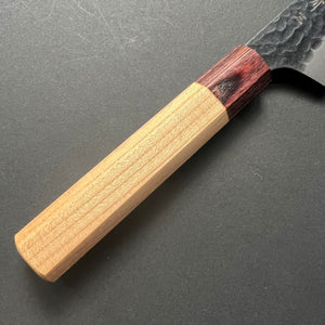 Kengata Santoku knife, Aogami Super carbon steel with stainless steel cladding, Kurouchi Tsuchime finish, Wa handle - Sakai Takayuki