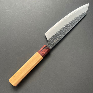Kengata Santoku knife, Aogami Super carbon steel with stainless steel cladding, Kurouchi Tsuchime finish, Wa handle - Sakai Takayuki