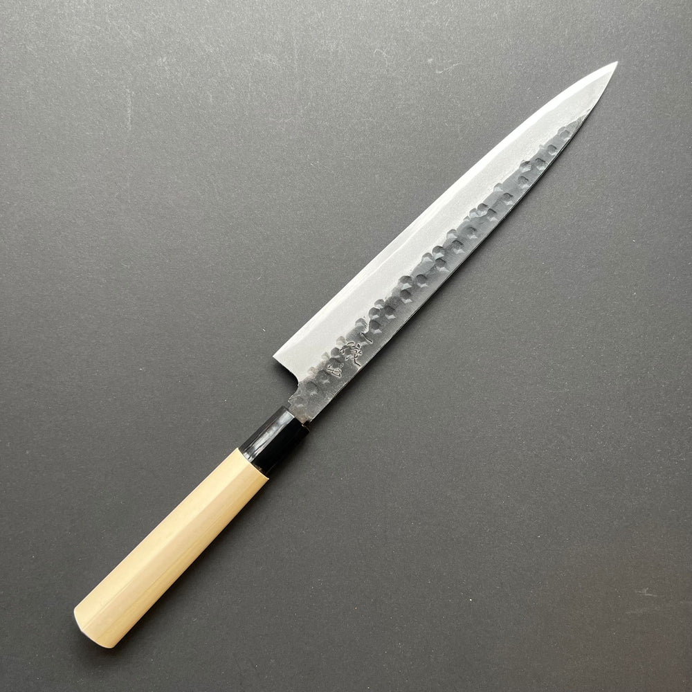 Yanagiba Knife, Left handed, Shirogami 2 Carbon Steel, Iron Clad, Kurouchi and Tsuchime Finish - Ittetsu