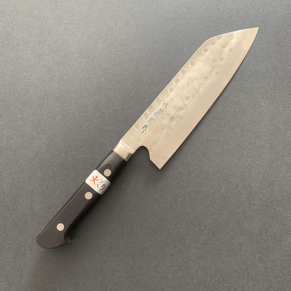 Santoku knife, Shirogami 1 with stainless steel cladding, nashiji finish, western handle, Maboroshi range- Fujiwara - Kitchen Provisions