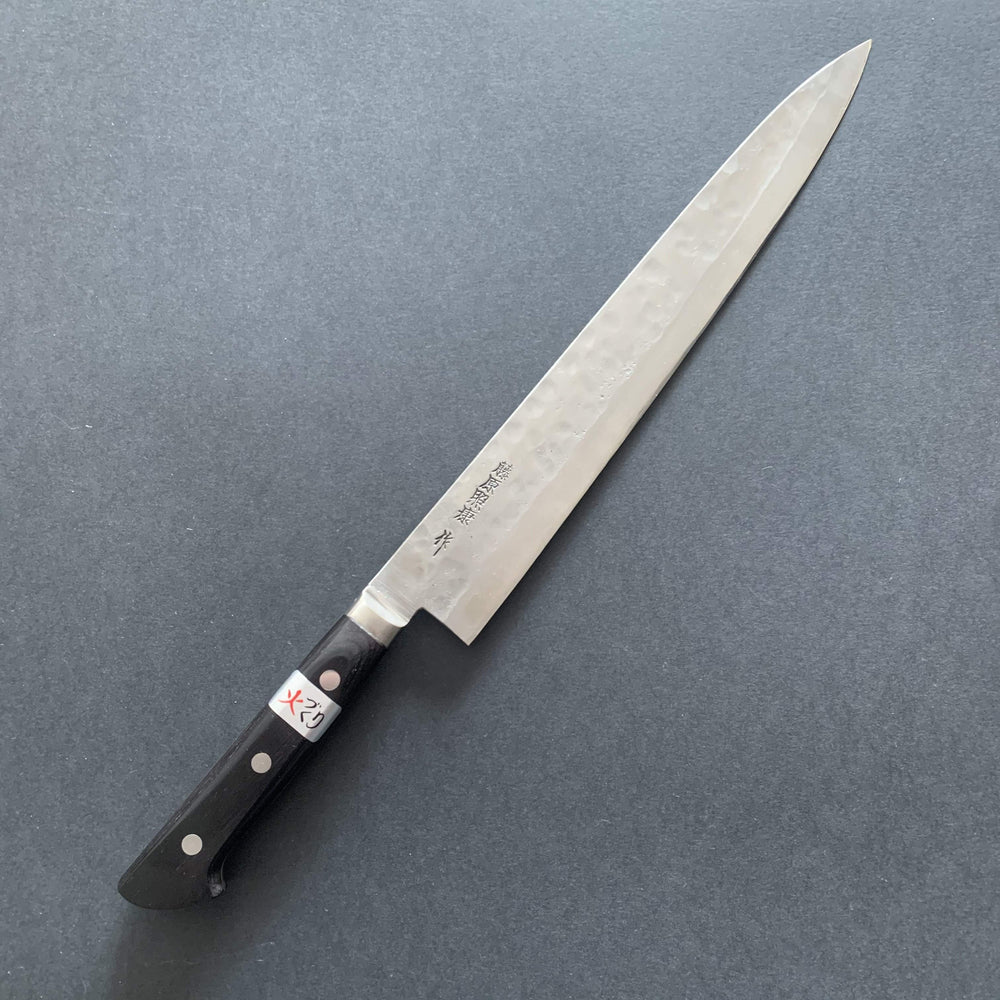 Sujihiki knife, Shirogami 1 with stainless steel cladding, nashiji finish, Maboroshi range, western handle - Fujiwara - Kitchen Provisions