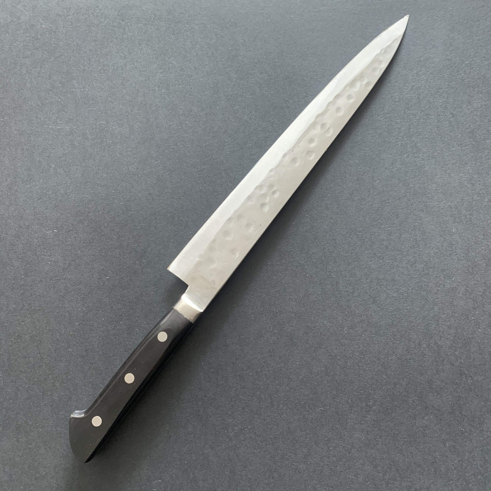 
            
                Load image into Gallery viewer, Sujihiki knife, Shirogami 1 with stainless steel cladding, nashiji finish, Maboroshi range, western handle - Fujiwara - Kitchen Provisions
            
        