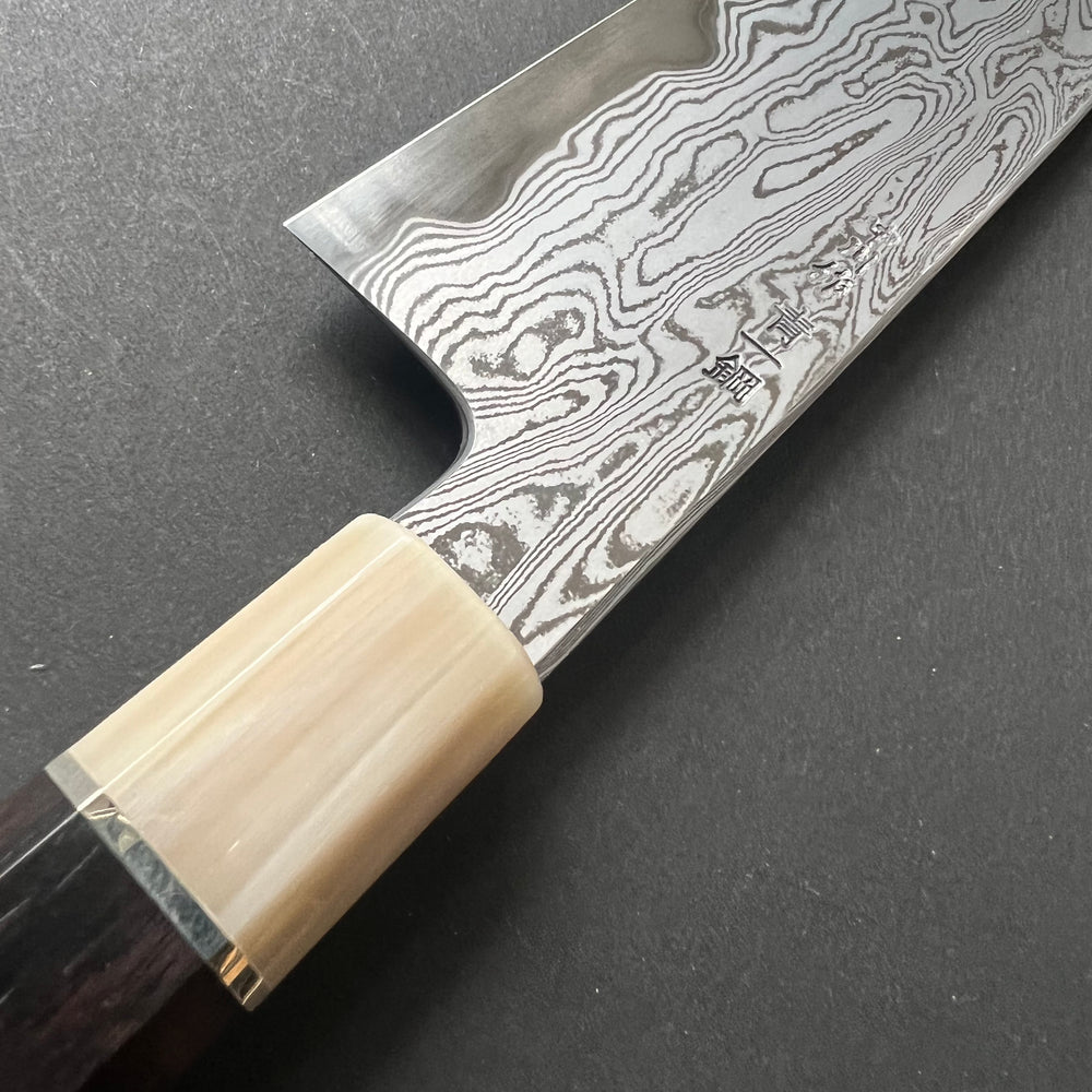 Santoku knife, Aogami 1 carbon steel, Damascus finish with acid etch - Nakagawa Hamono x Myojin Naohito - Kitchen Provisions